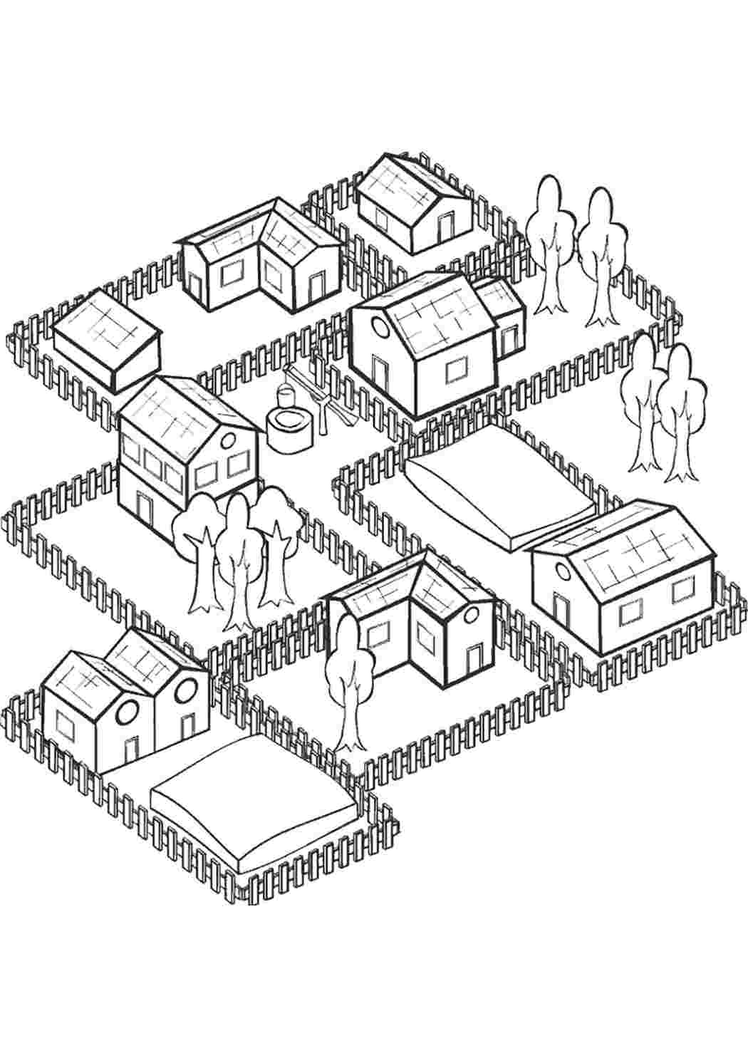 раскраска деревня. Раскраска для печати.