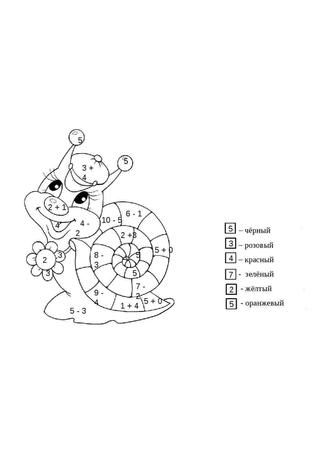 раскраска с примерами в пределах 10. Разукрашка.