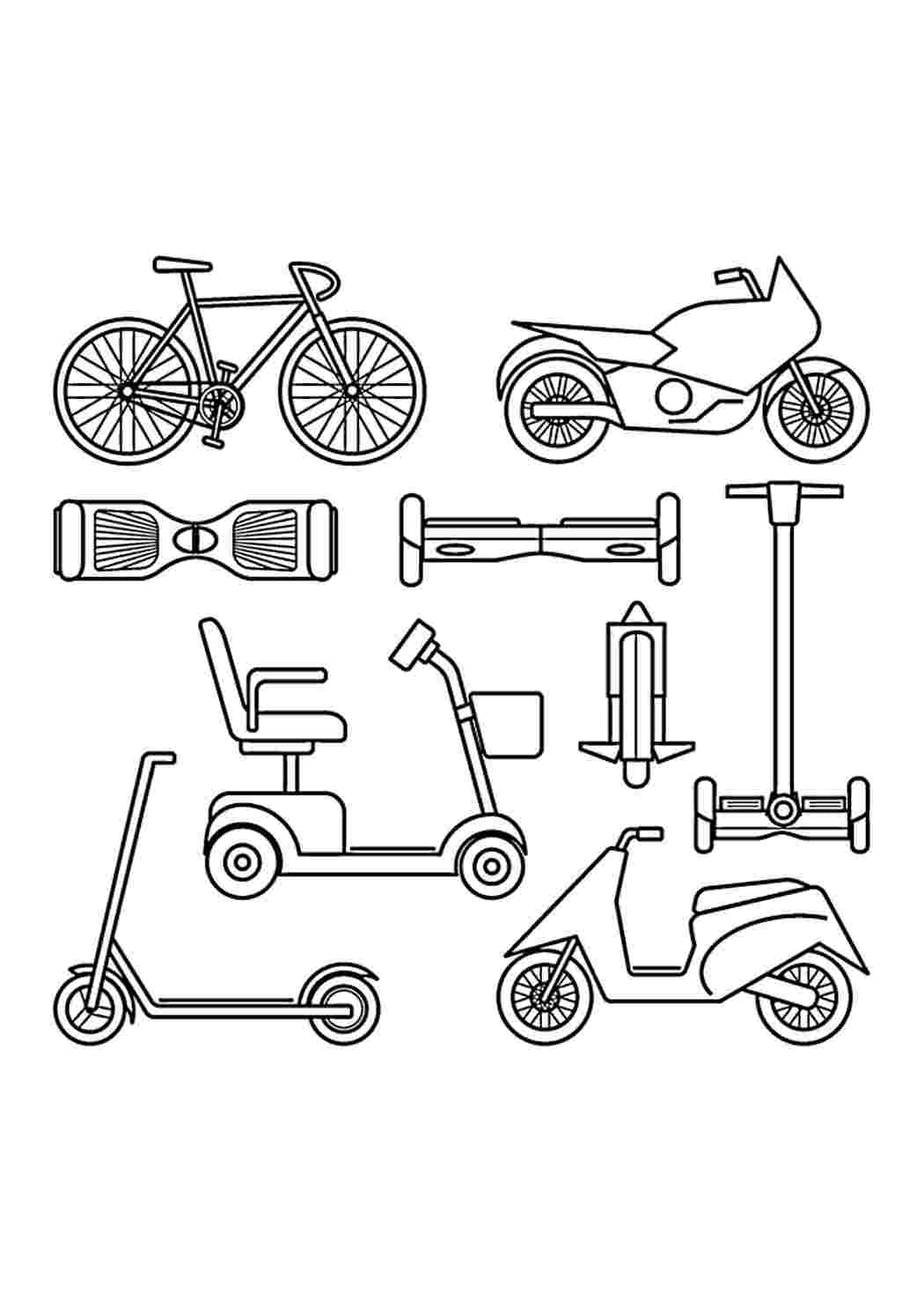 Erilaiset kulkuvälineet, myös polkupyörä. Бесплатно найти раскраску.