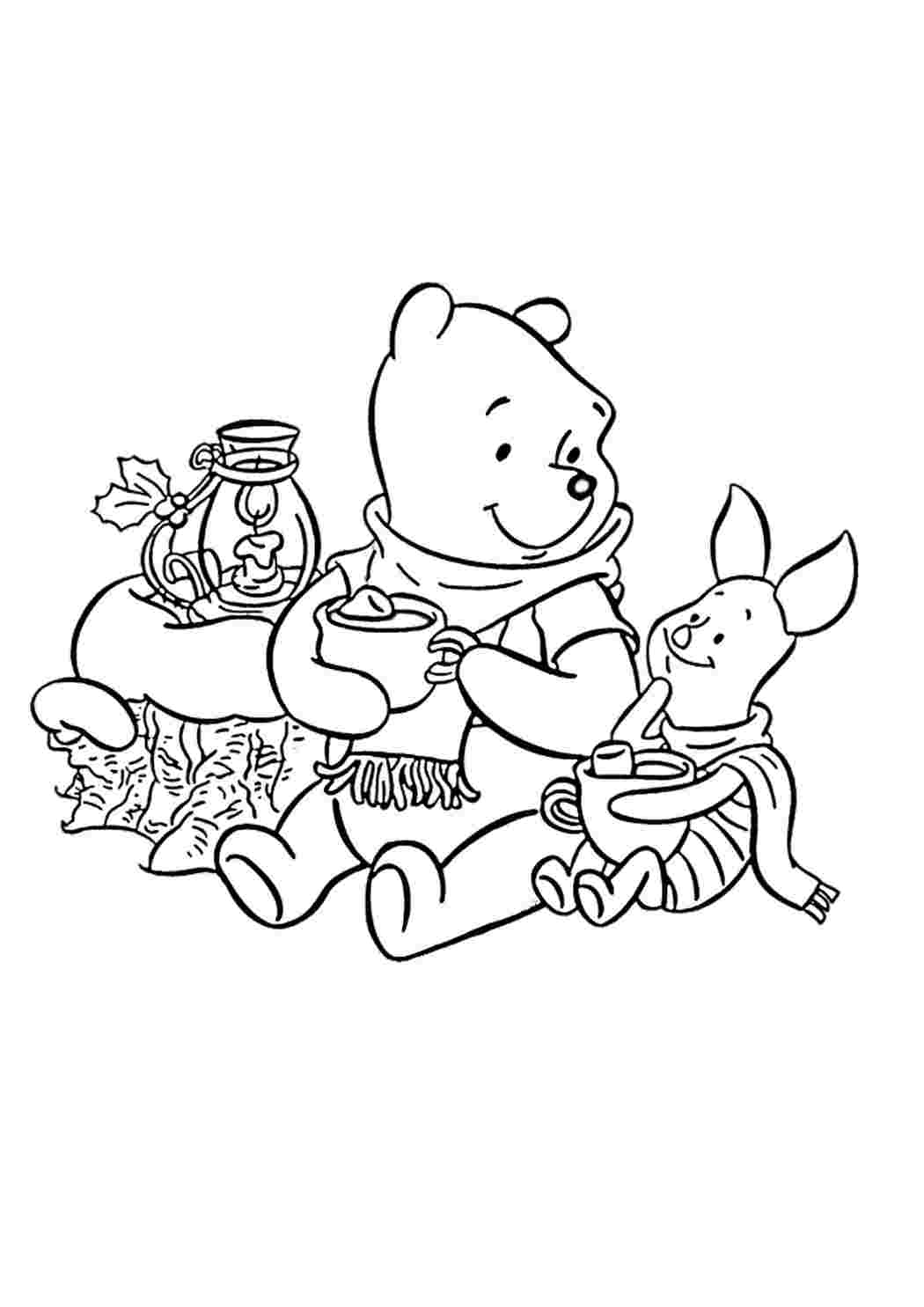 Nasu ja Nalle Puh juovat kylmää teetä kylmänä talvi-iltana. Скачать раскраски.