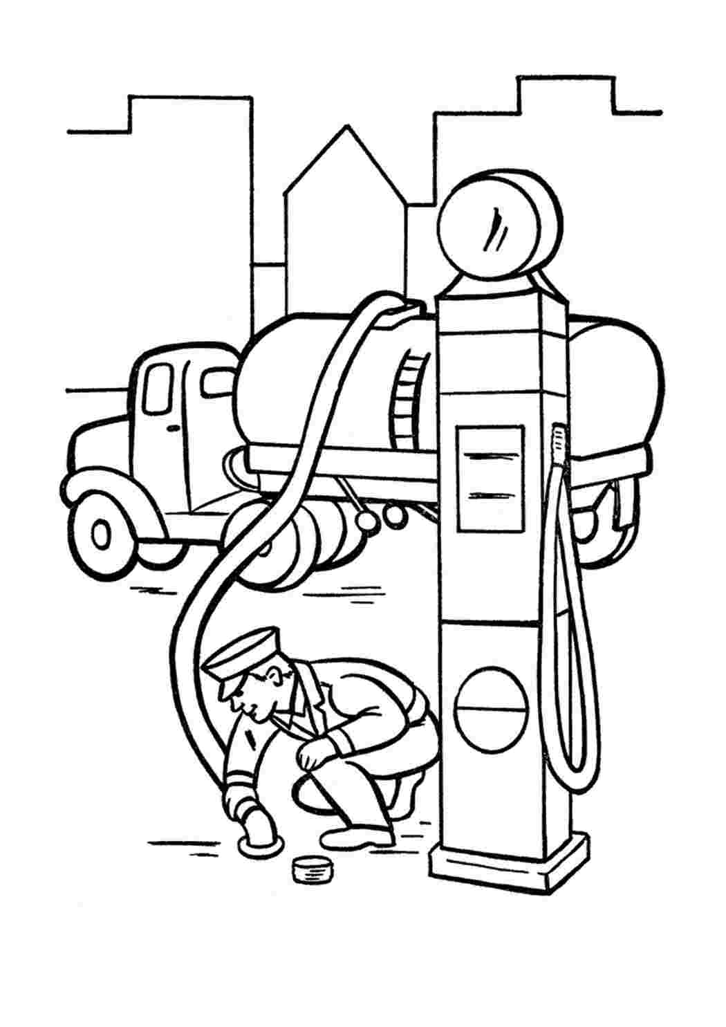 Раскраски Бензовоз на заправке топлива. Обучающие раскраски. Бензовоз на заправке топлива. Бесплатные раскраски.
