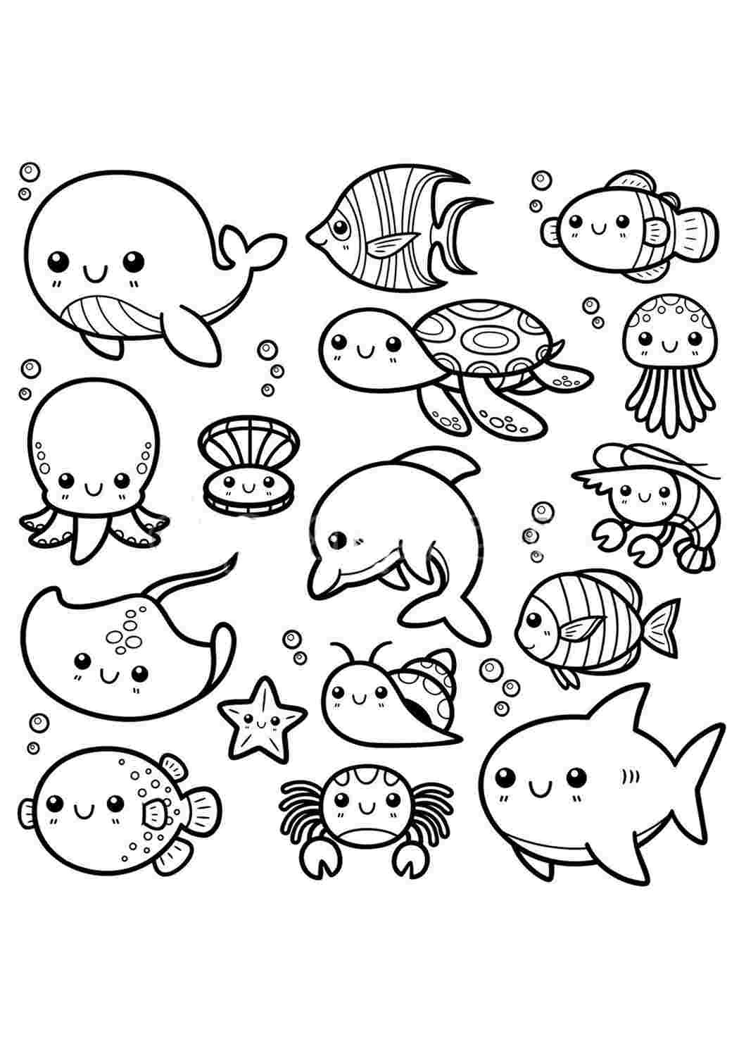 Распечатать для маленьких детей раскраски с морскими животными и рыбами