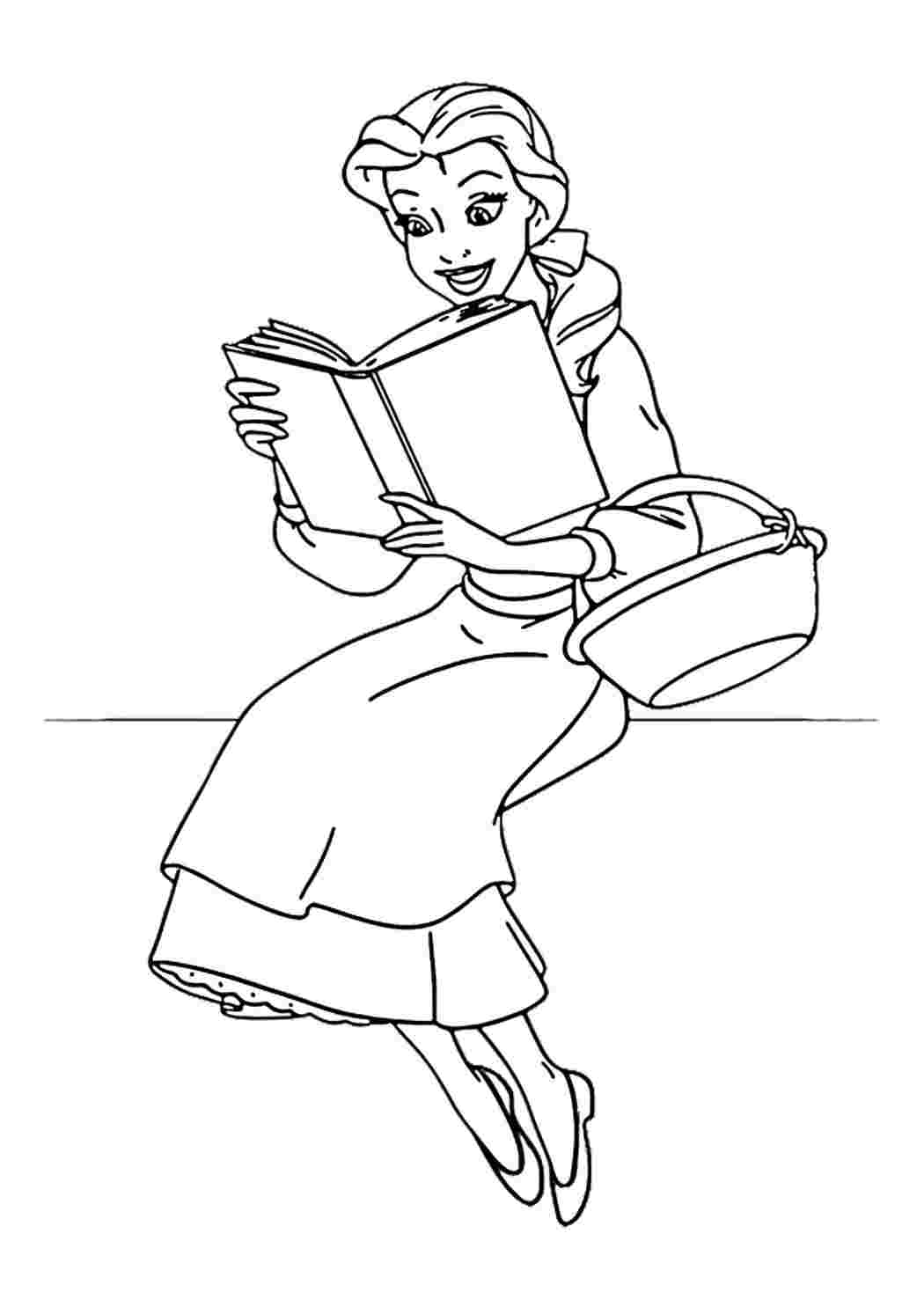 Раскраски Белль читает книгу. Скачать раскраски бесплатно. Белль читает книгу. Печатать раскарску.