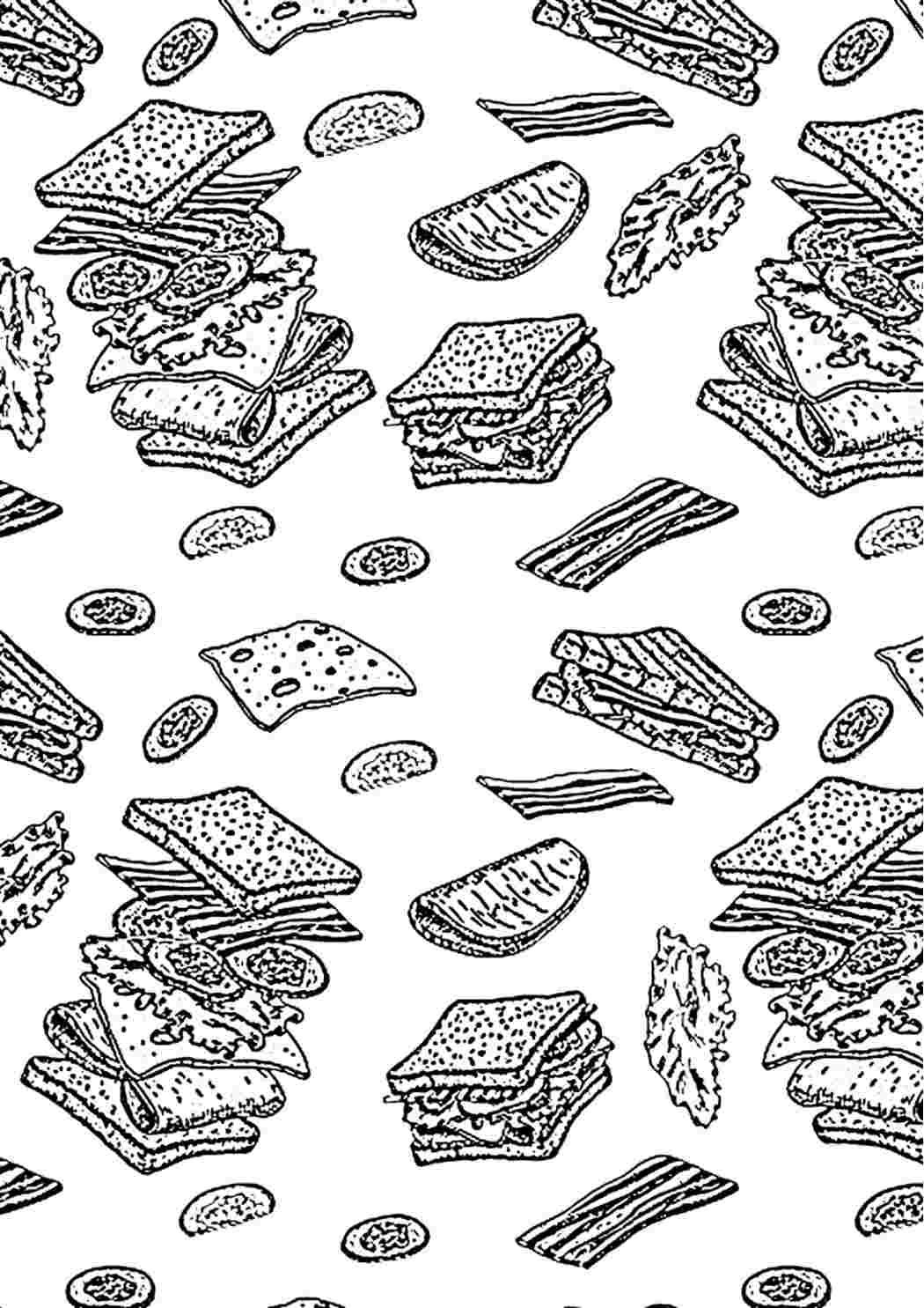 Раскраски Куча продуктов для фастфуда в одной картинке. Бесплатно найти раскраску. Куча продуктов для фастфуда в одной картинке. Онлайн раскраски.
