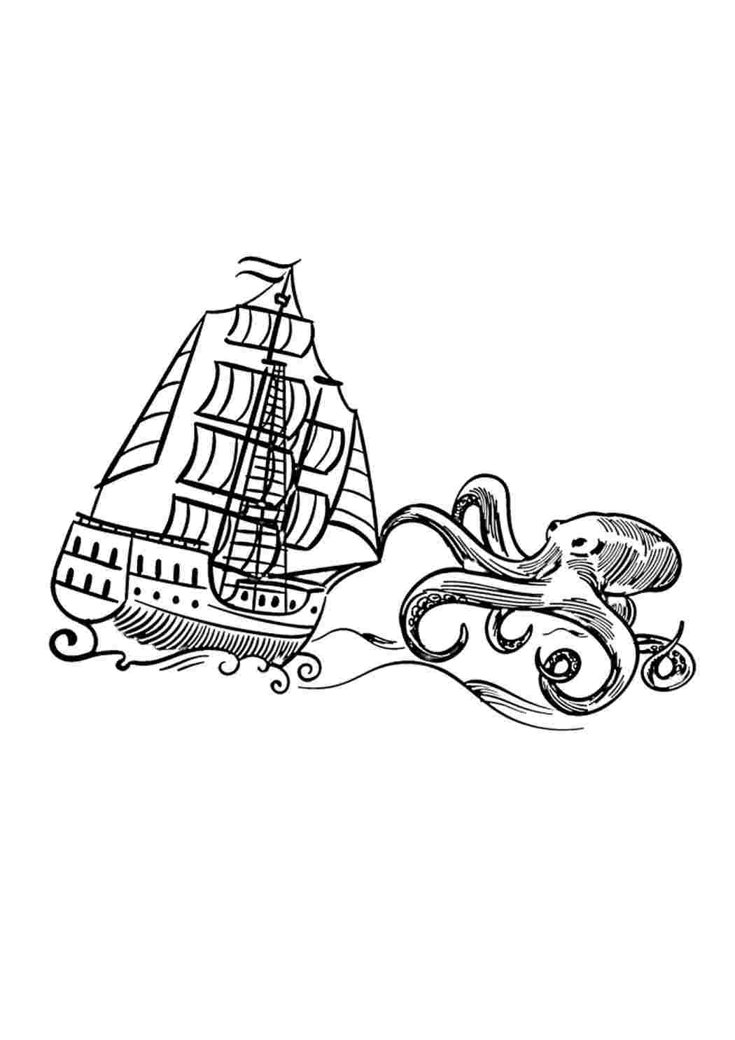 Раскраски Kraken yrittää upottaa suuren laivan. Интересные раскраски. Kraken yrittää upottaa suuren laivan. Раскраски в формате А4.
