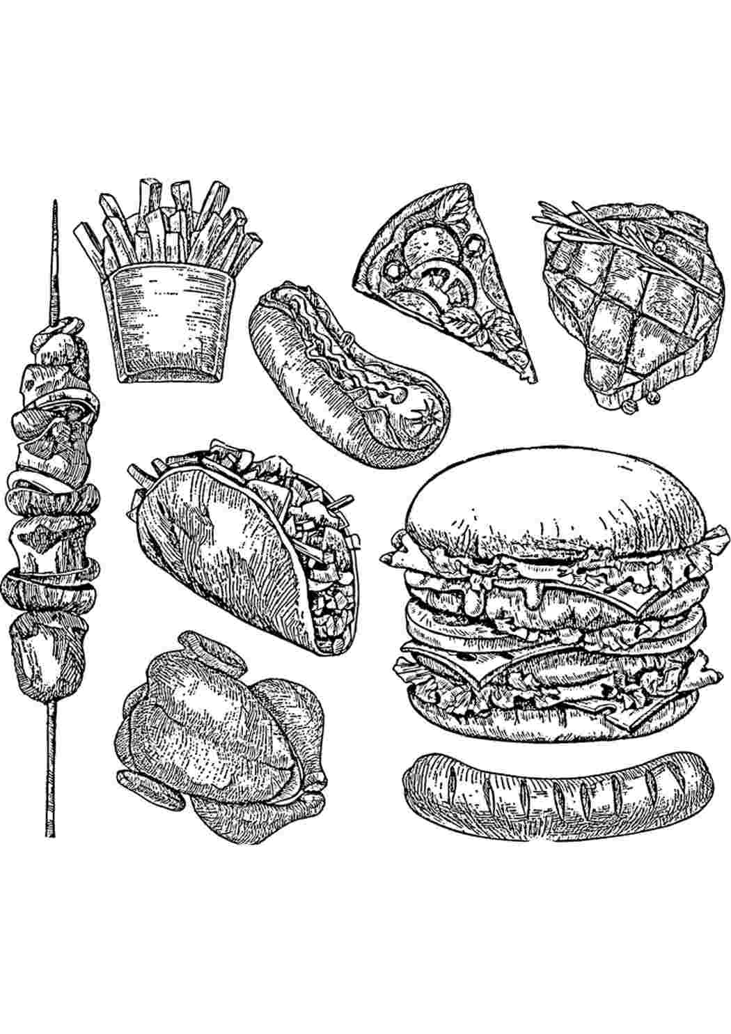 Фастфуд - детализированная раскраска. Раскраски в формате А4.