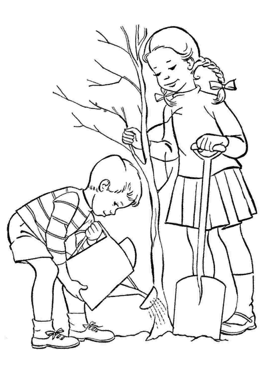 Раскраски Девочка и мальчик сажают дерево. Раскраска для печати. Девочка и мальчик сажают дерево. Раскраска.