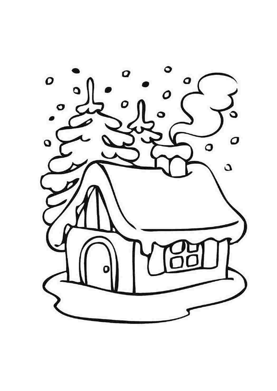 Раскраски Зимний домик и елки. Раскраска. Зимний домик и елки. Скачать раскраски.