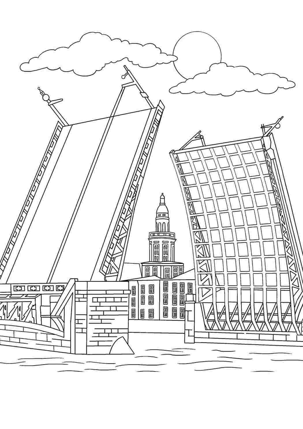 Раскраски Раскраска Дворцовый мост. Развивающие раскраски. Раскраска Дворцовый мост. Распечатать раскраски на сайте.