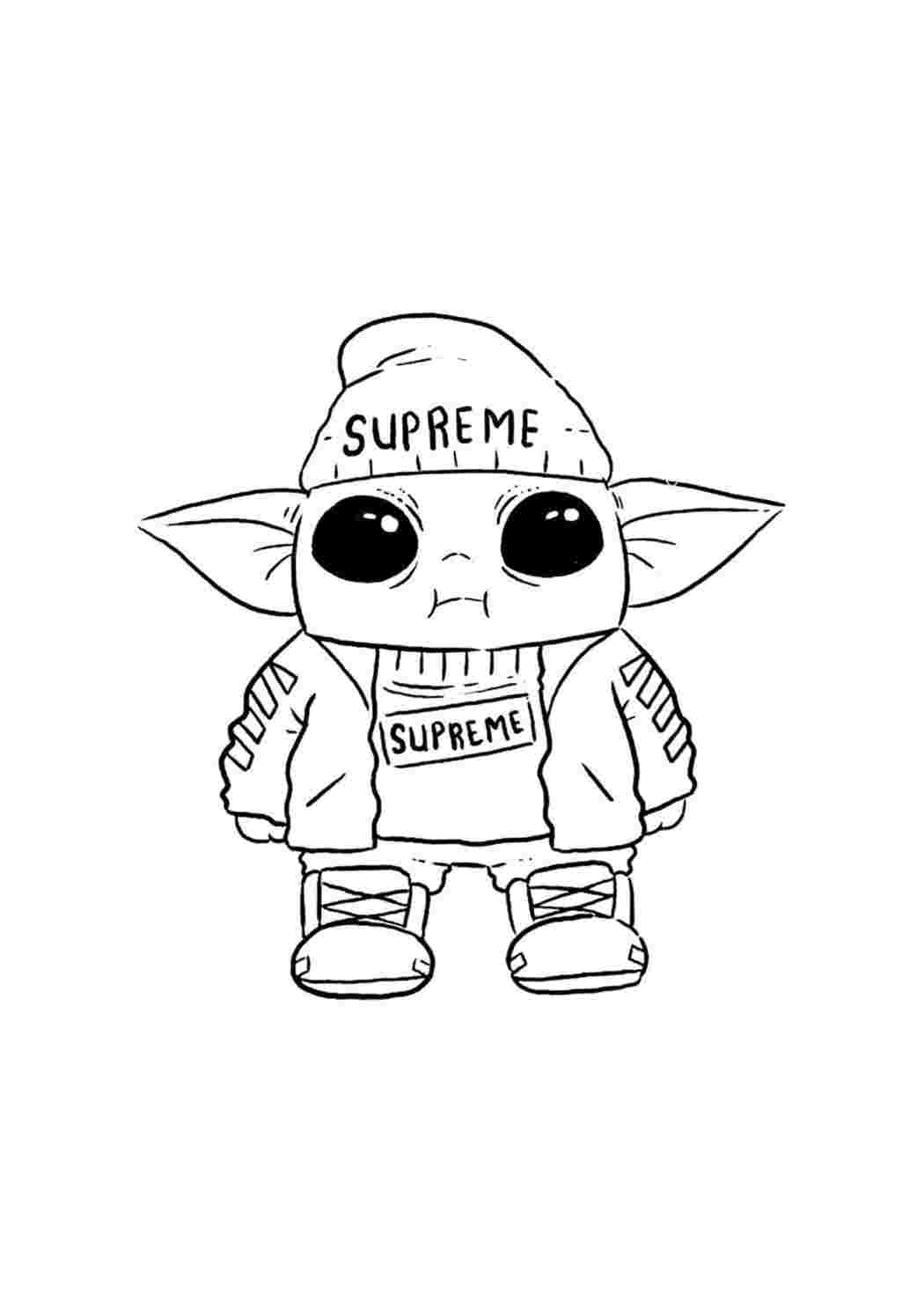 Раскраски Раскраска Бэйби Йода В модном костюме Supreme. Распечатать раскраски на сайте. Раскраска Бэйби Йода В модном костюме Supreme. Раскраски без СМС.
