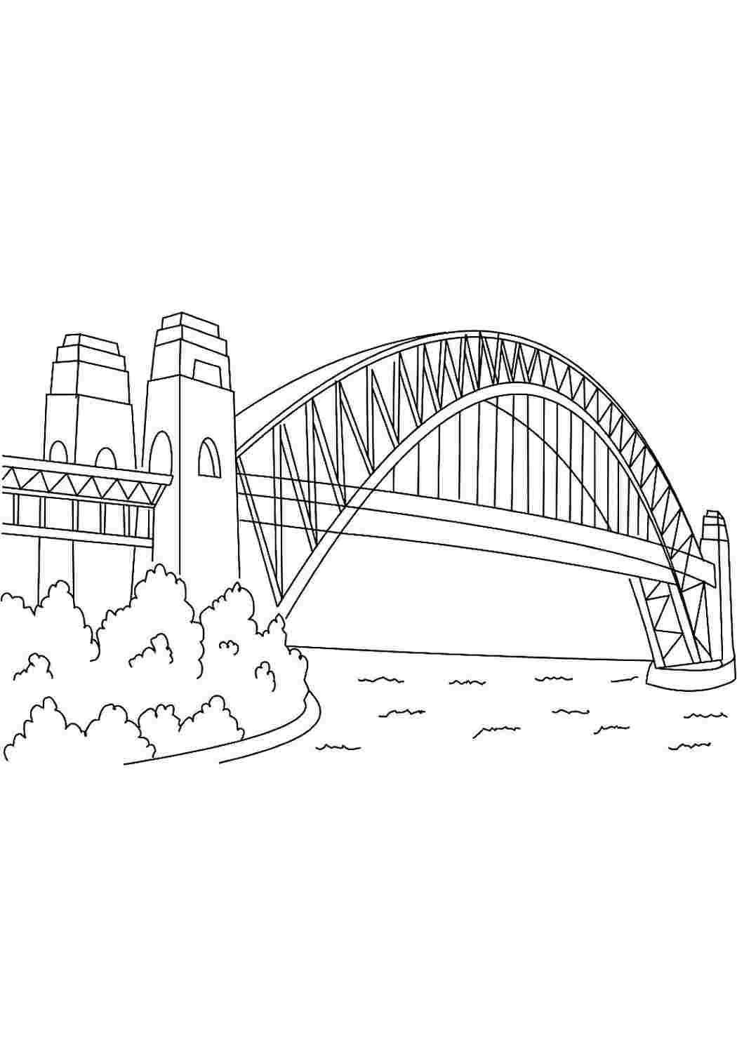 Мост через реку - скачать и распечатать раскраску. мост, река, горы