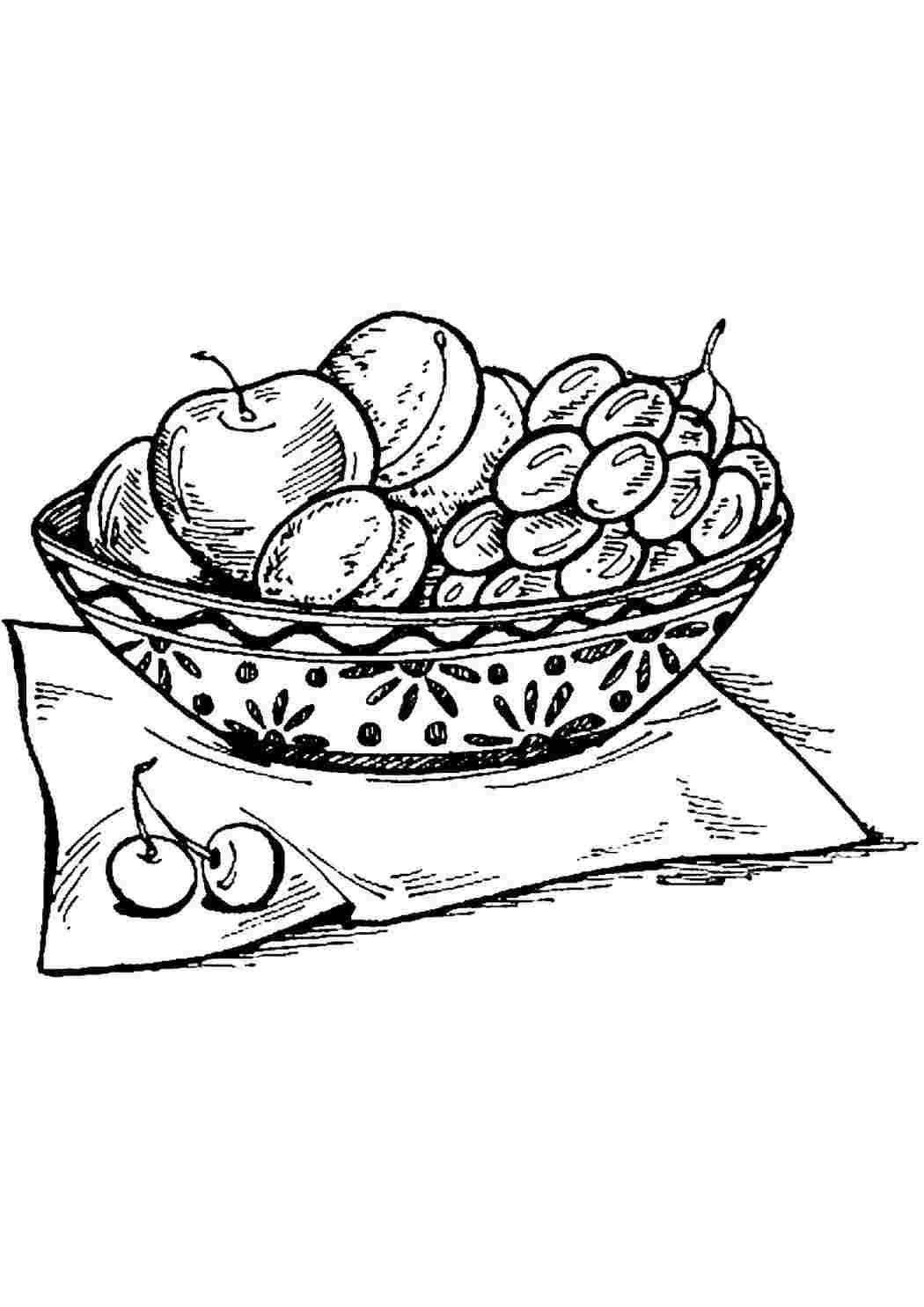 Натюрморт фрукты на тарелке раскраска