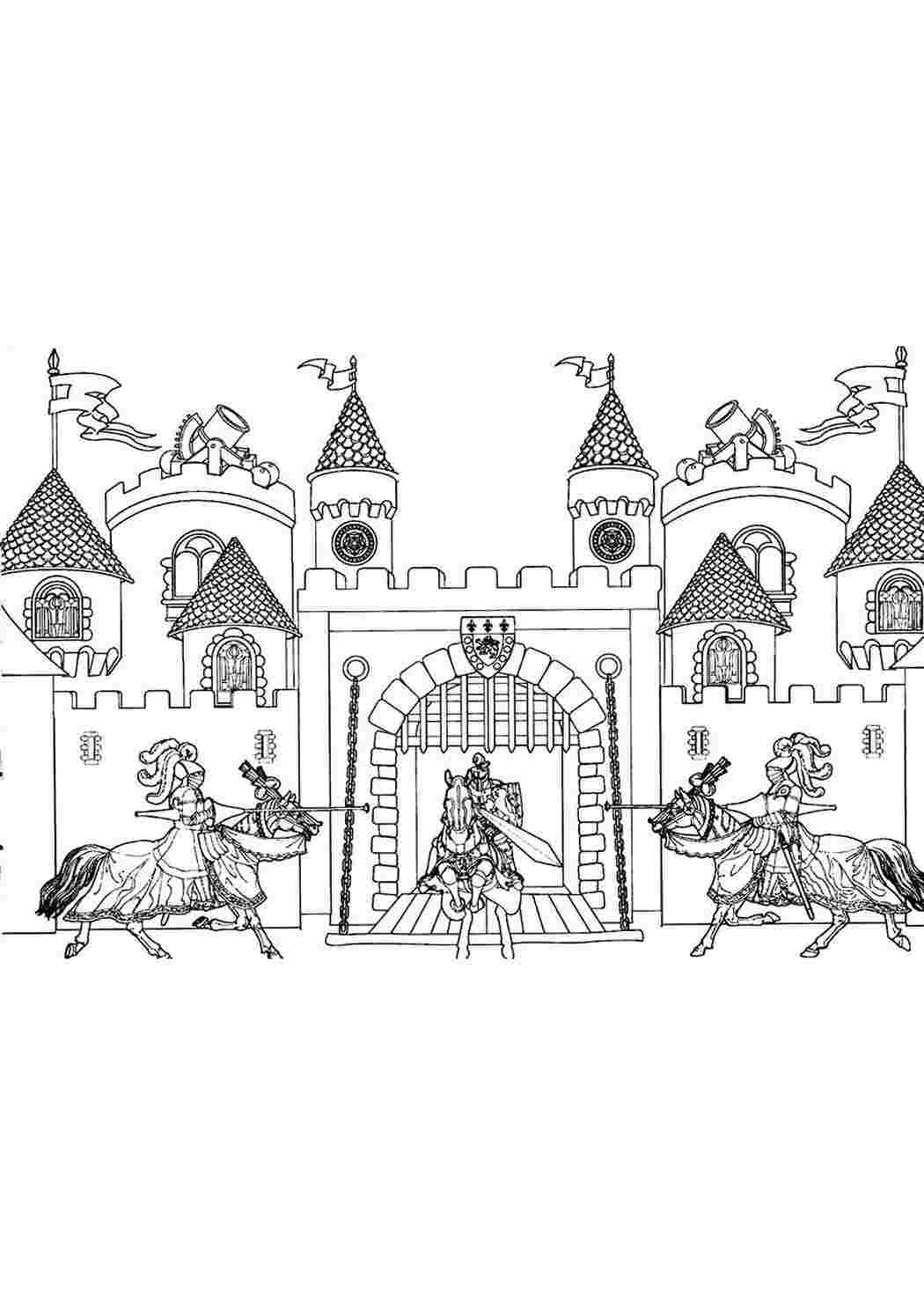 Раскраска распечатка рыцарь и замок