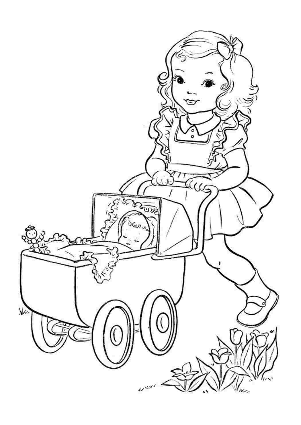 Раскраска девочка с коляской