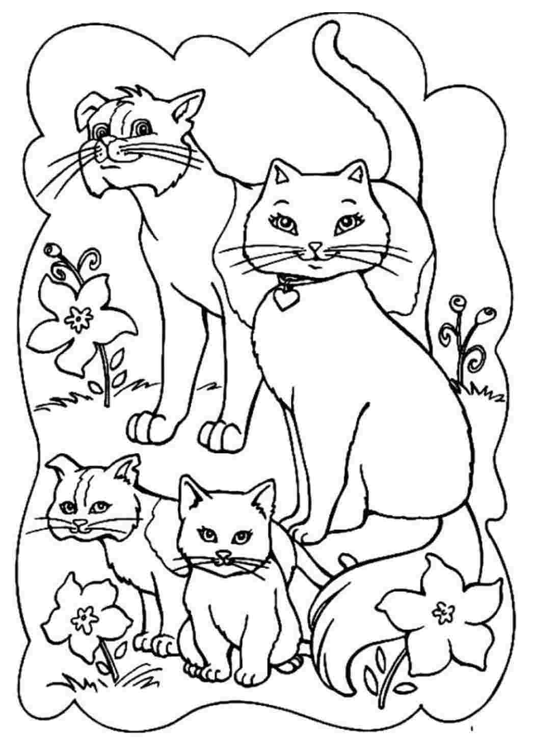 Кошечка с котятами раскраска