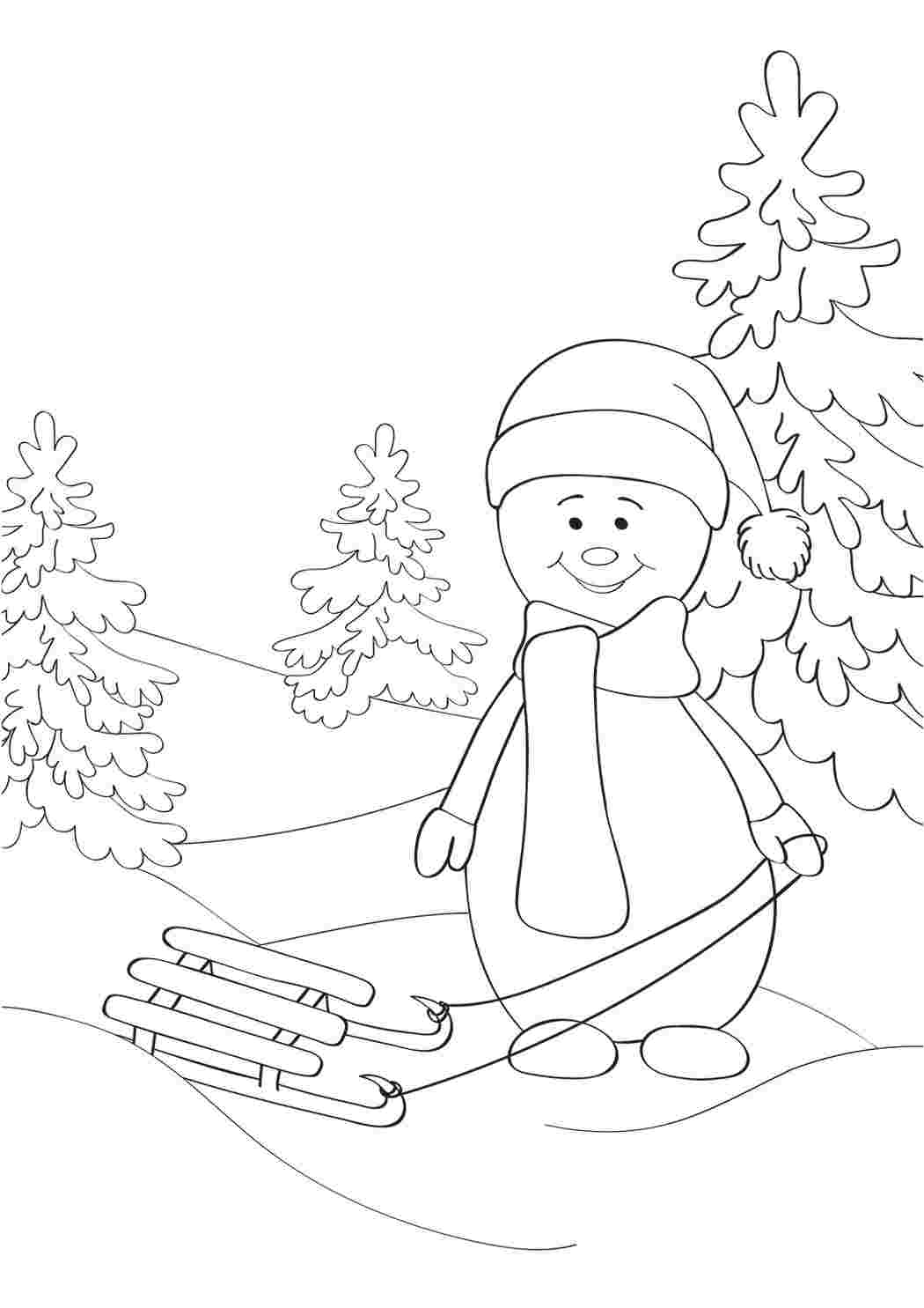 Снеговик на санках раскраска